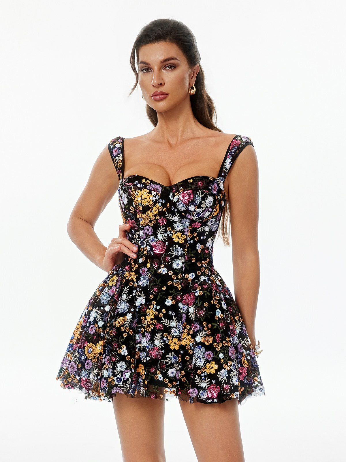 S Galenx Embroidered Flower Sequin Mini Dress