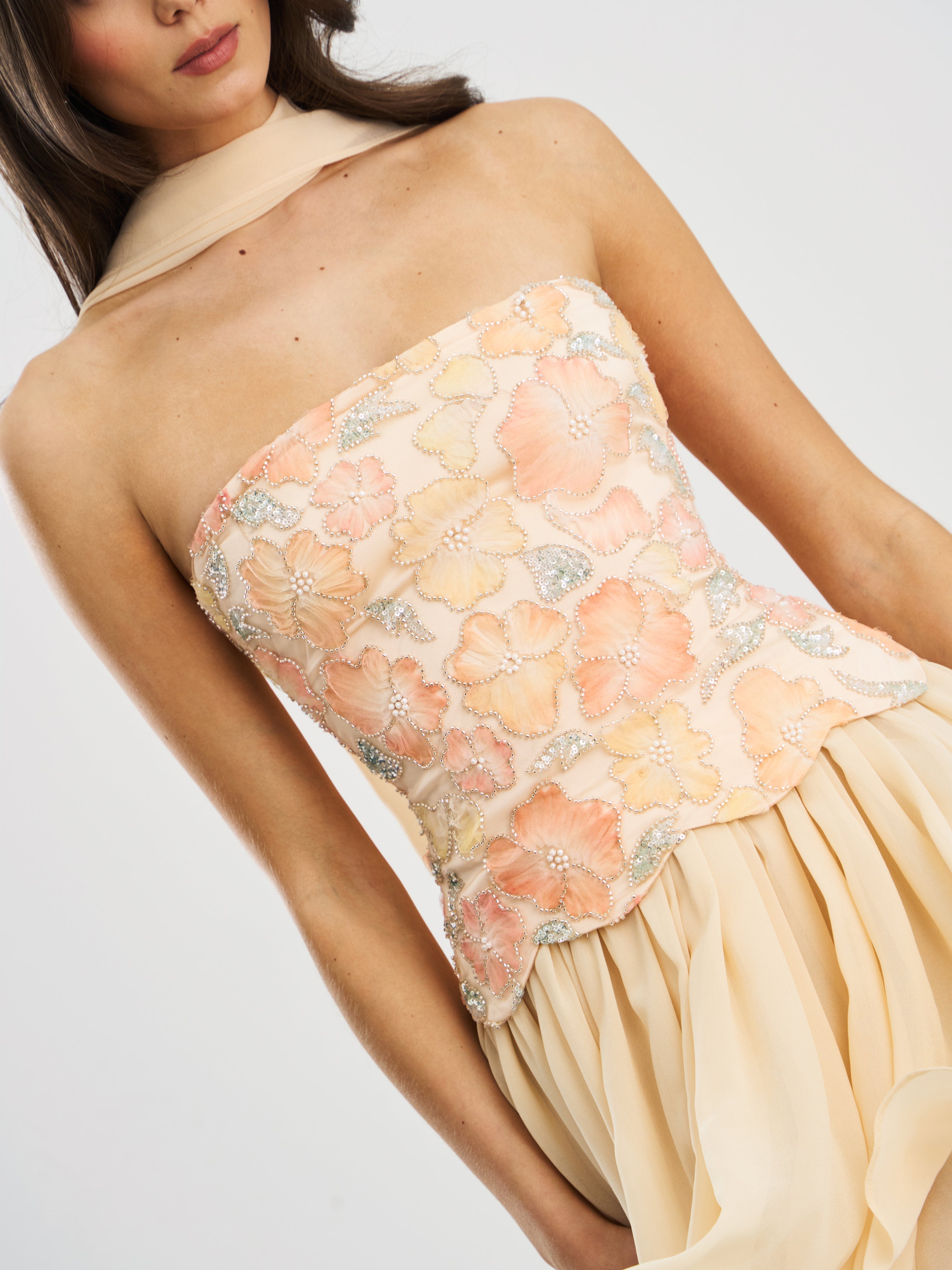 Quanisha Yellow Beaded Floral Mini Chiffon Dress with Scarf
