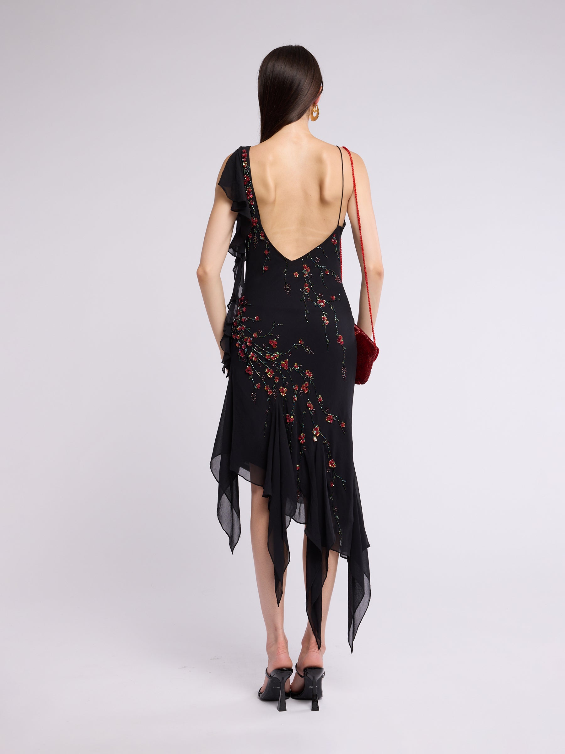 Sue Wong 2000s Floral Asymmetric Ruffle Dress