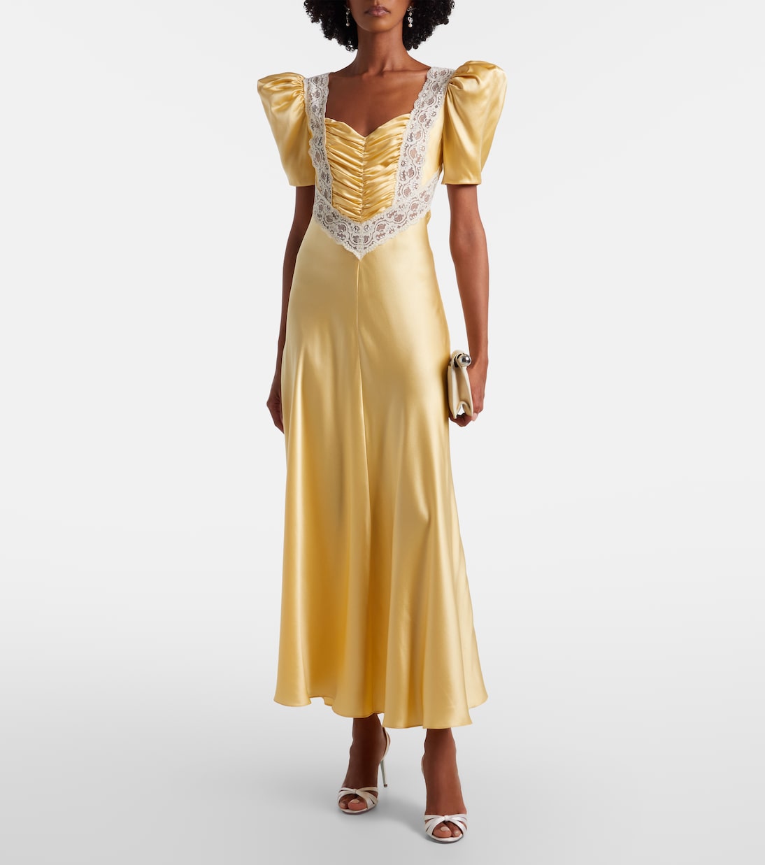 Lace-trimmed ruched silk satin maxi dress