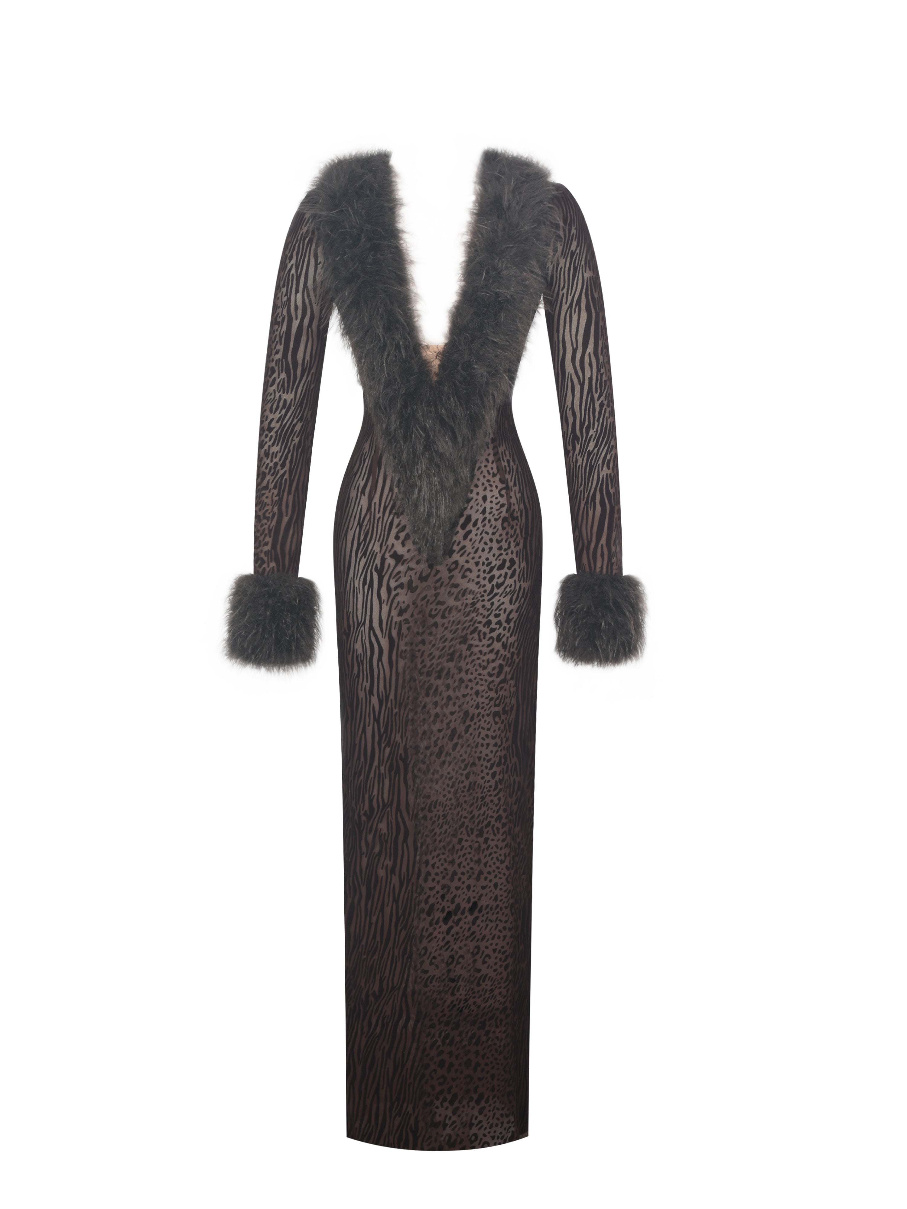 Luana Brown Plunging Fur Trimmed Burnout Mesh Maxi Dress