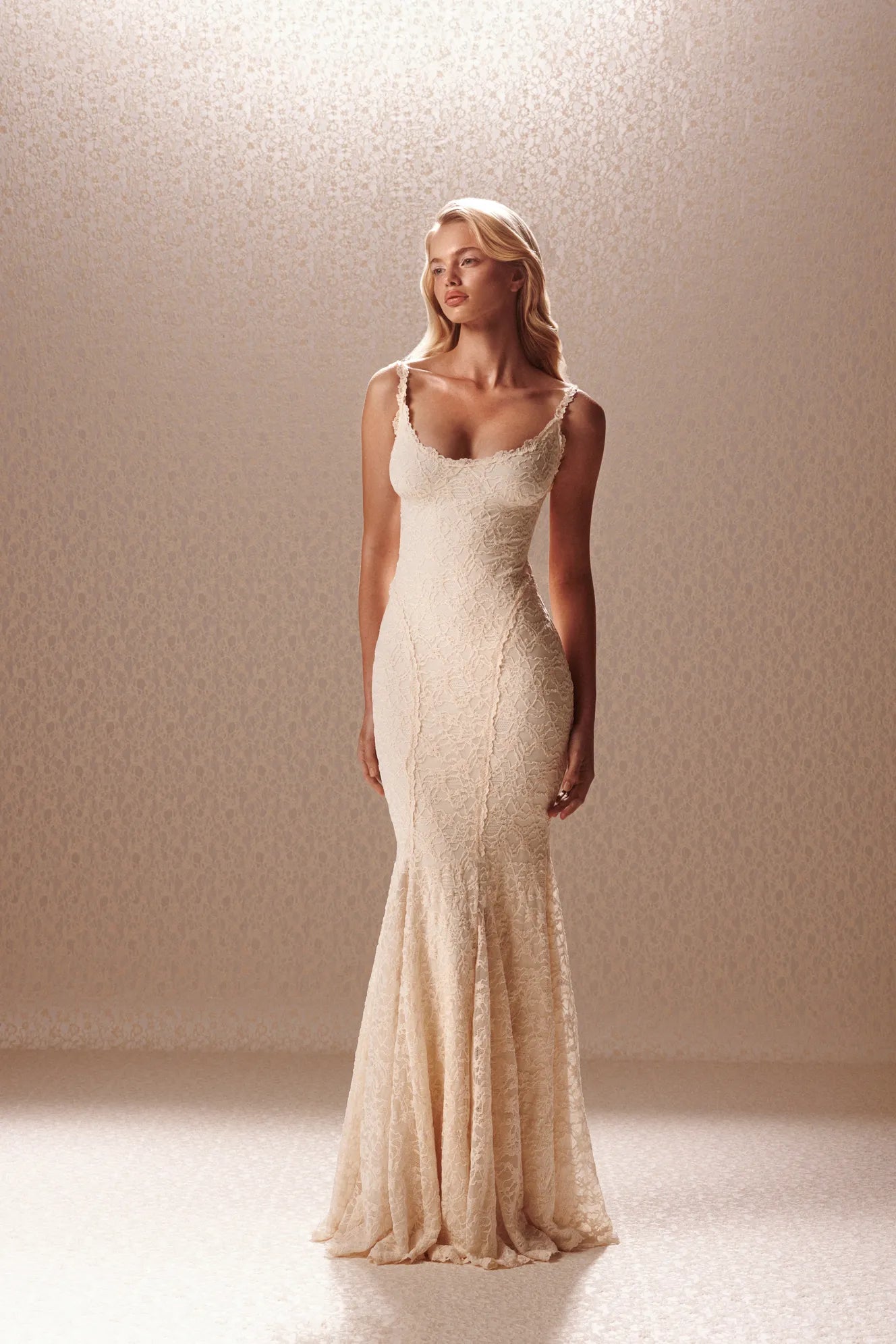Ivory Scoop Neck Lace Mermaid Maxi Dress