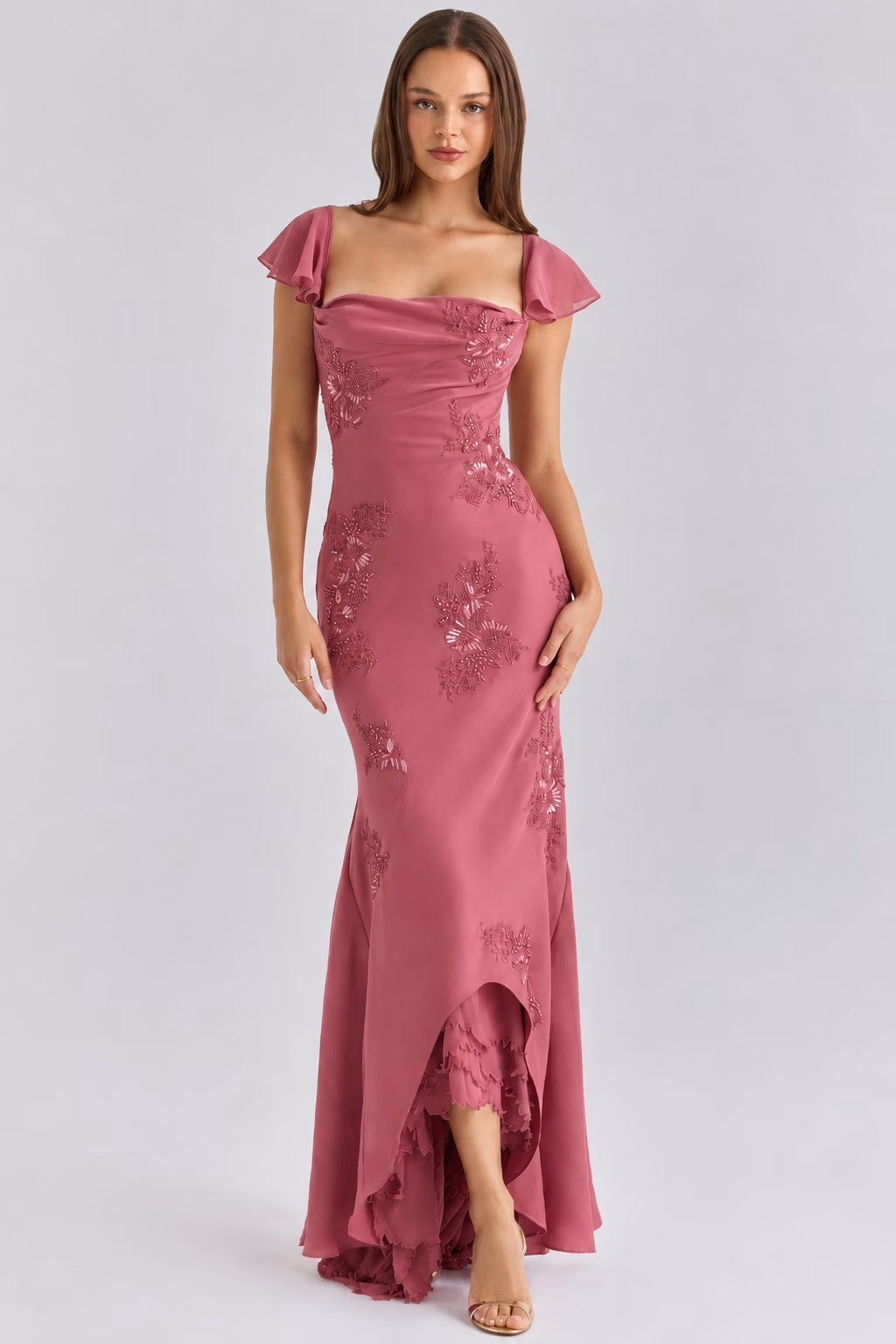 Arabella Rose Pink Satin Embellished Maxi Gown - Limited Edition