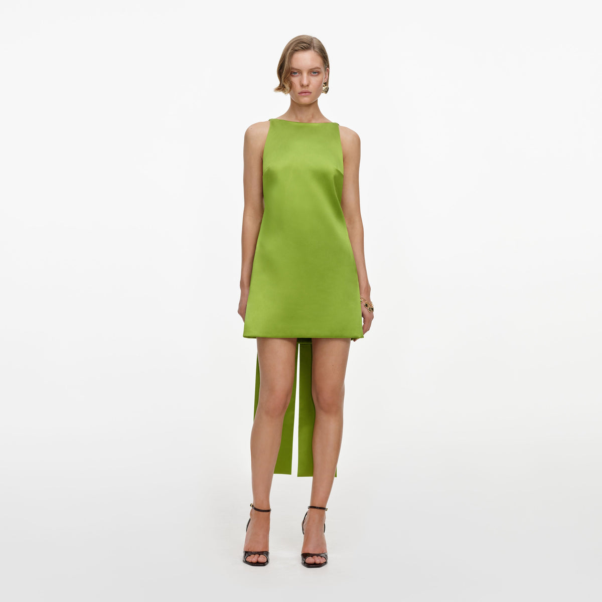 Green Satin Bow Mini Dress