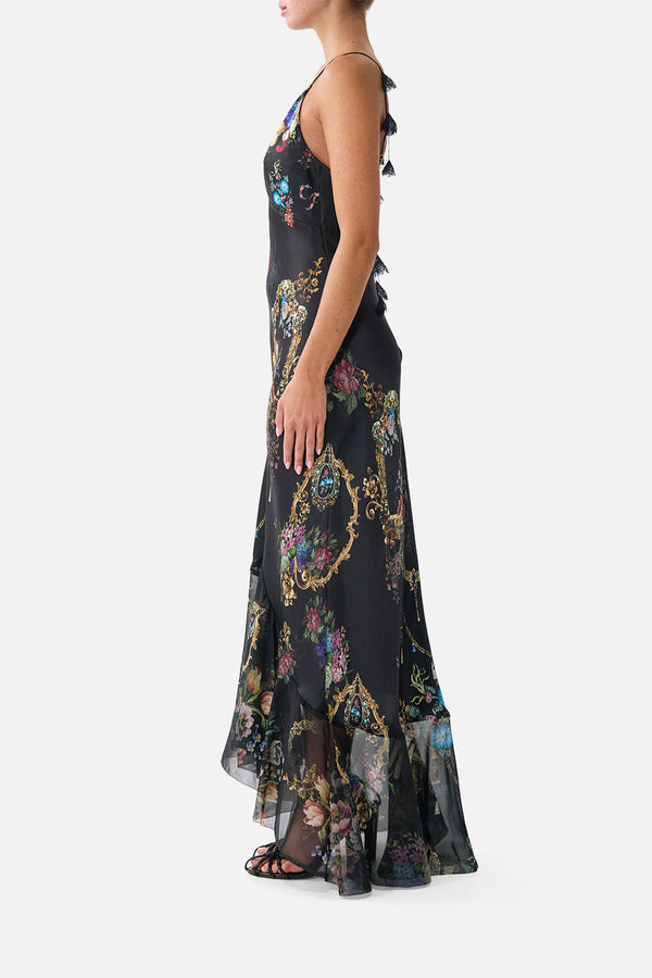 V NECK SLIP DRESS WITH FLOUNCE HEM NIGHT GARDEN