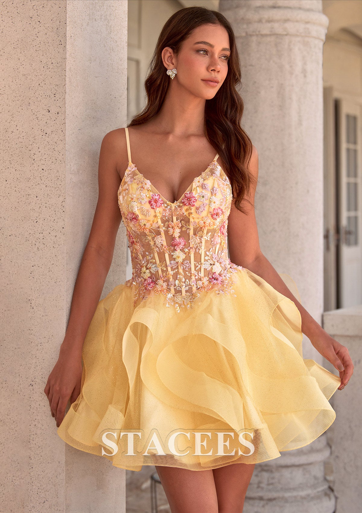 A-line Tiered Ruffle Homecoming Dress with Floral Applique Corset