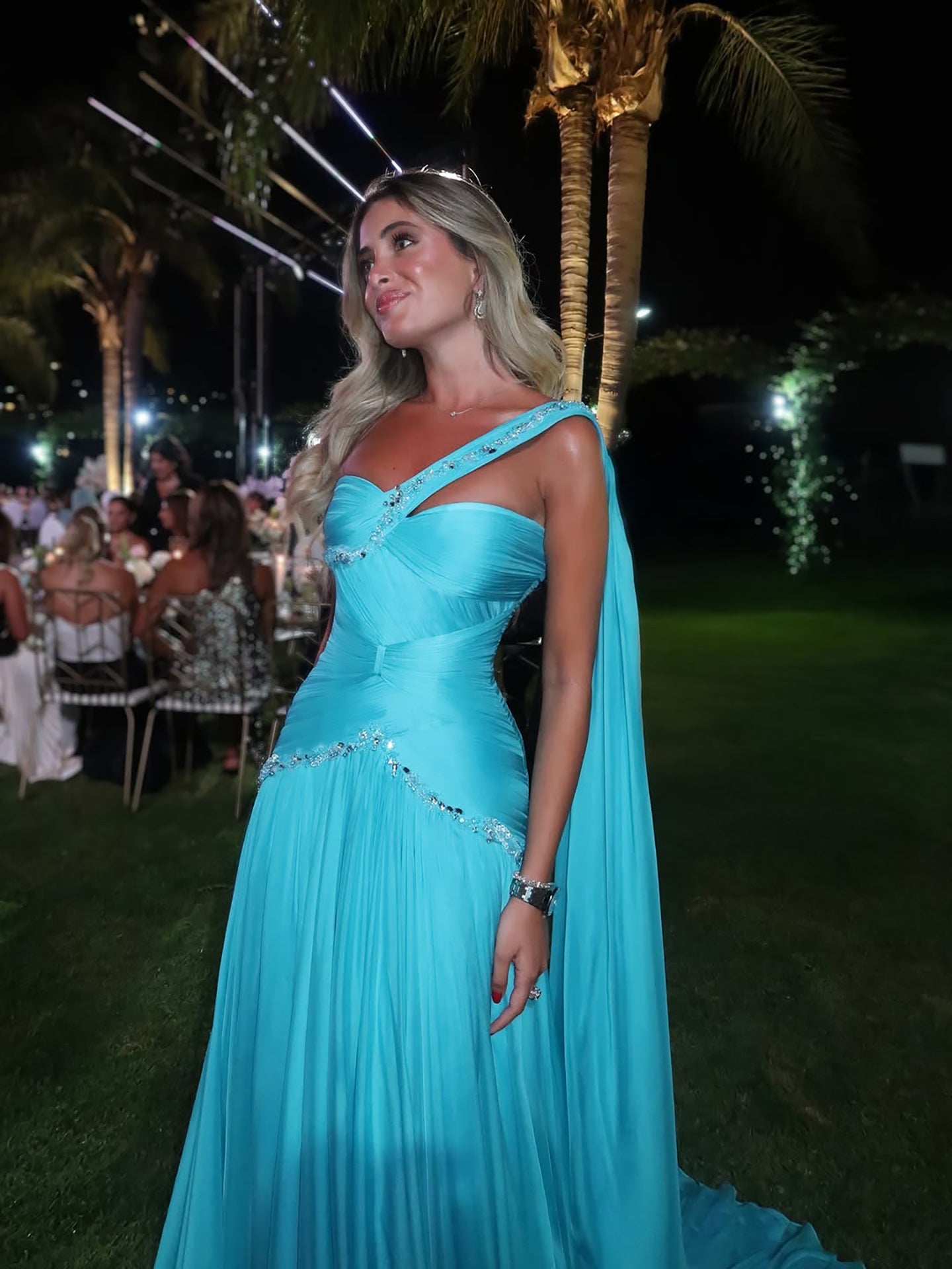 Luxury Aqua Blue One Shoulder Beaded Ruched Chiffon Dress LA73860 - Blue / 2