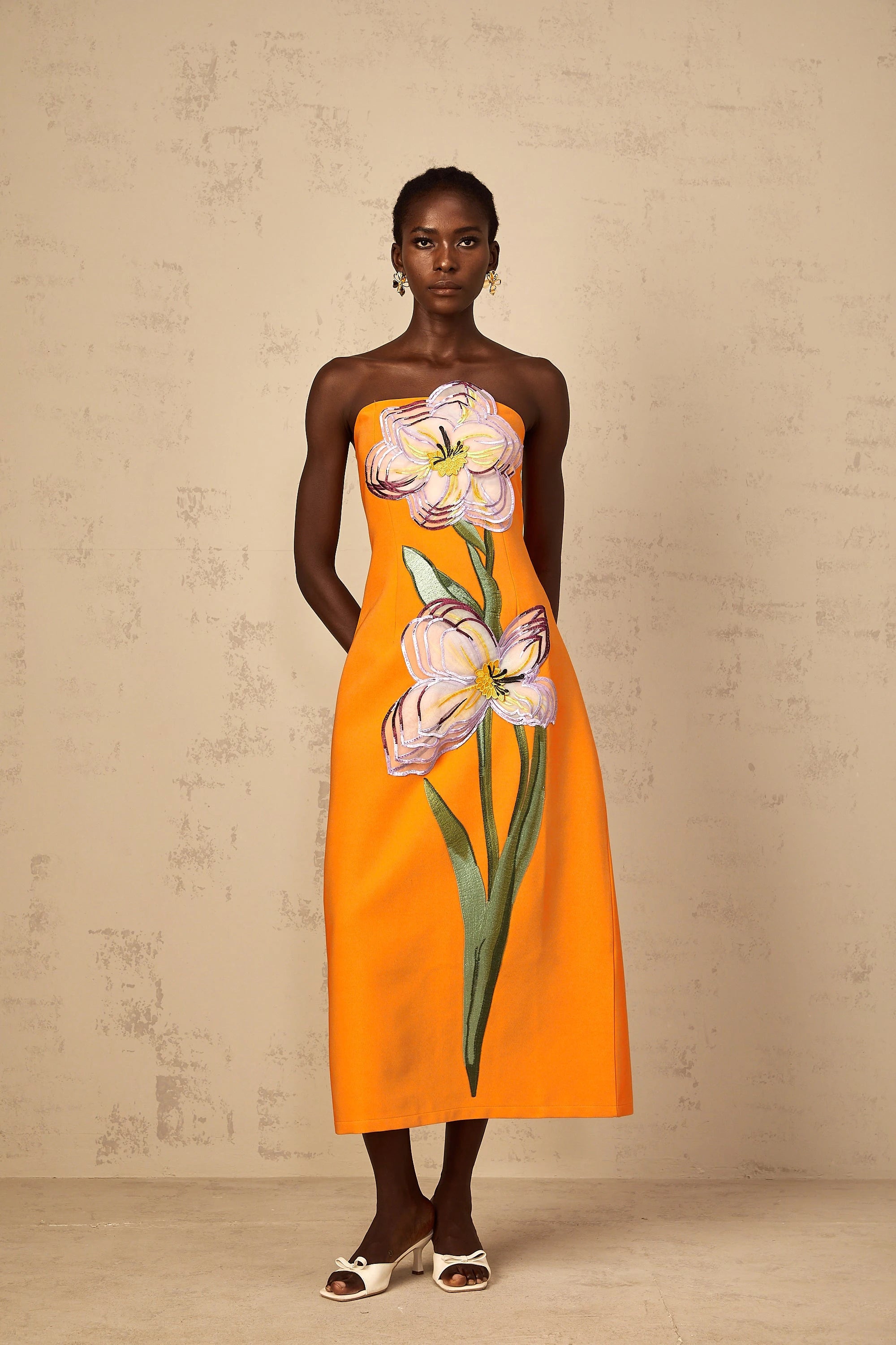 Irène Sequin Embroidered Off-Shoulder Midi Dress in Orange