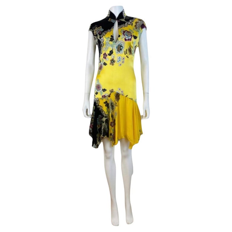 Vintage Roberto Cavalli P/E 2003 Mini Abito in Seta Floreale Giallo Chinoiserie
