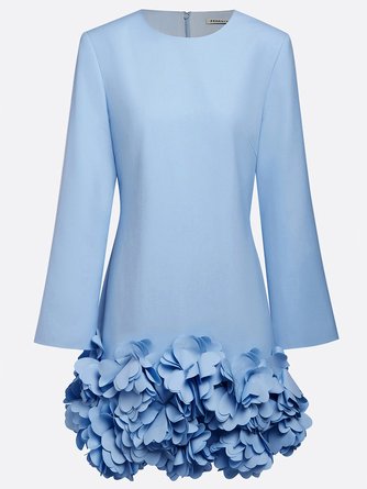 Light Blue 3D Floral Classic Crew Neck Bell Long Sleeve Shift Mini Dress