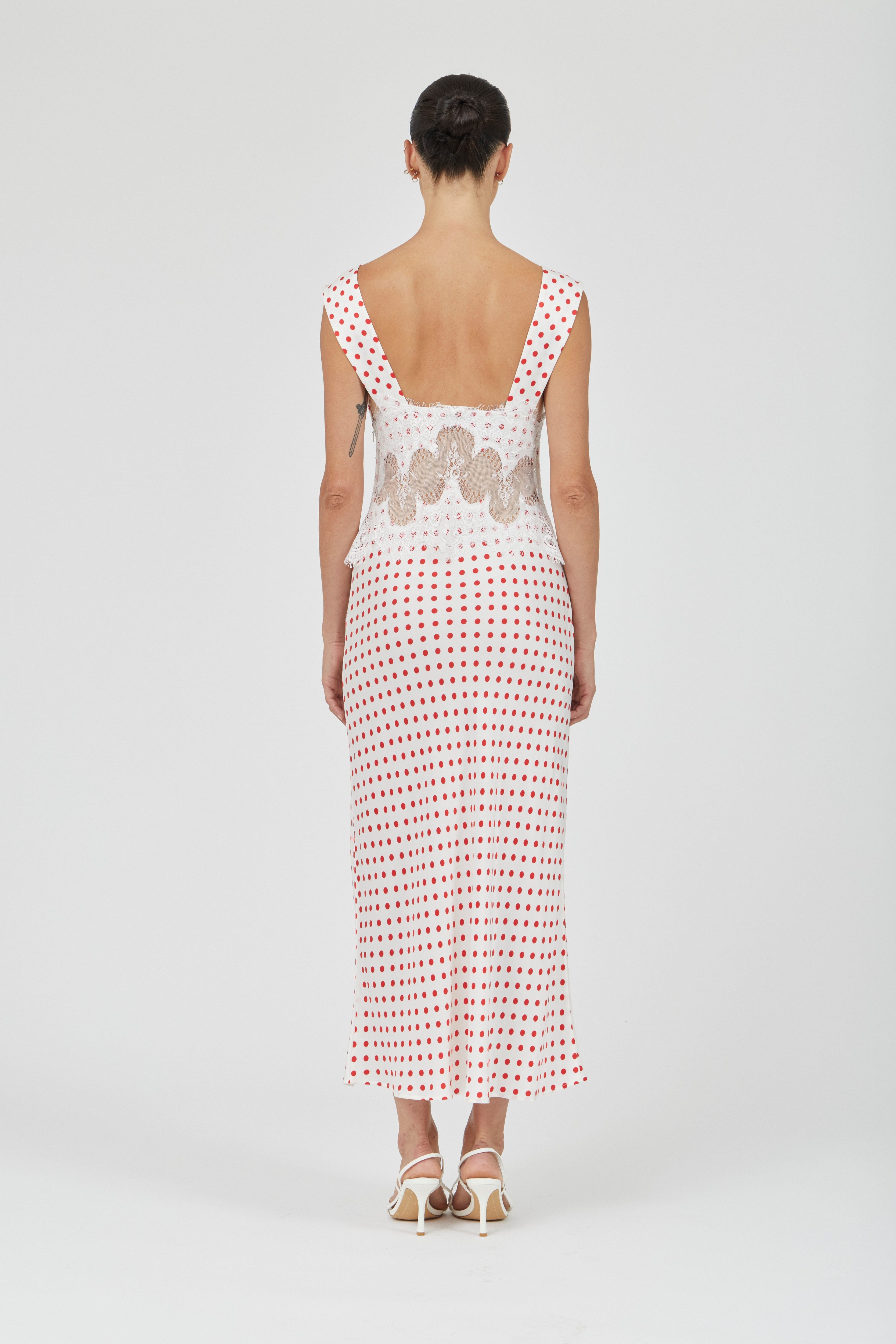 VISIONS LACE DEEP V MAXI DRESS | RED POLKA DOT