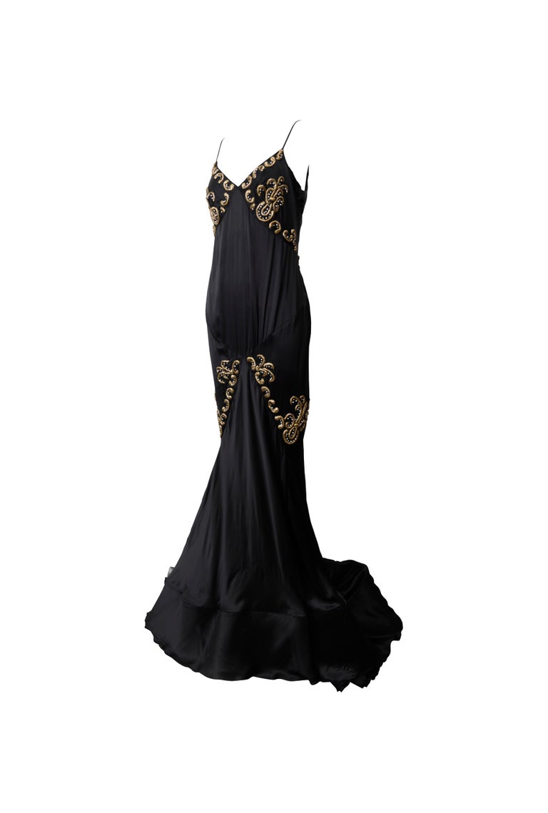 ROBERTO CAVALLI S/s 2004 Black Gold Embroidery Fishtail Silk Slip Dress Gown