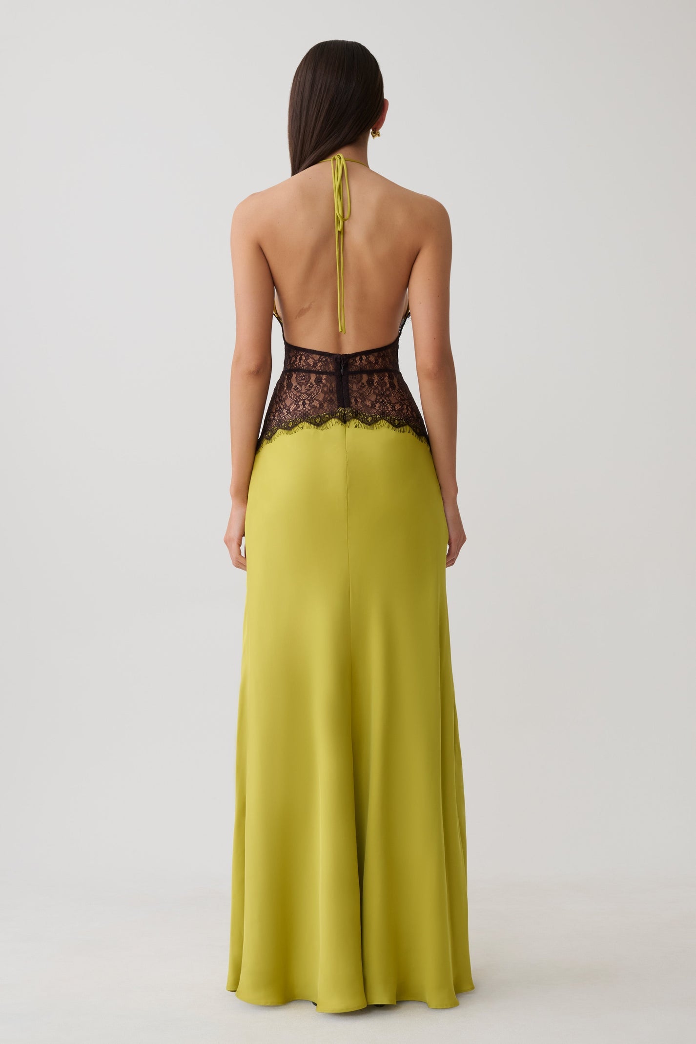 Lace And Satin Maxi Dress - Chartreuse