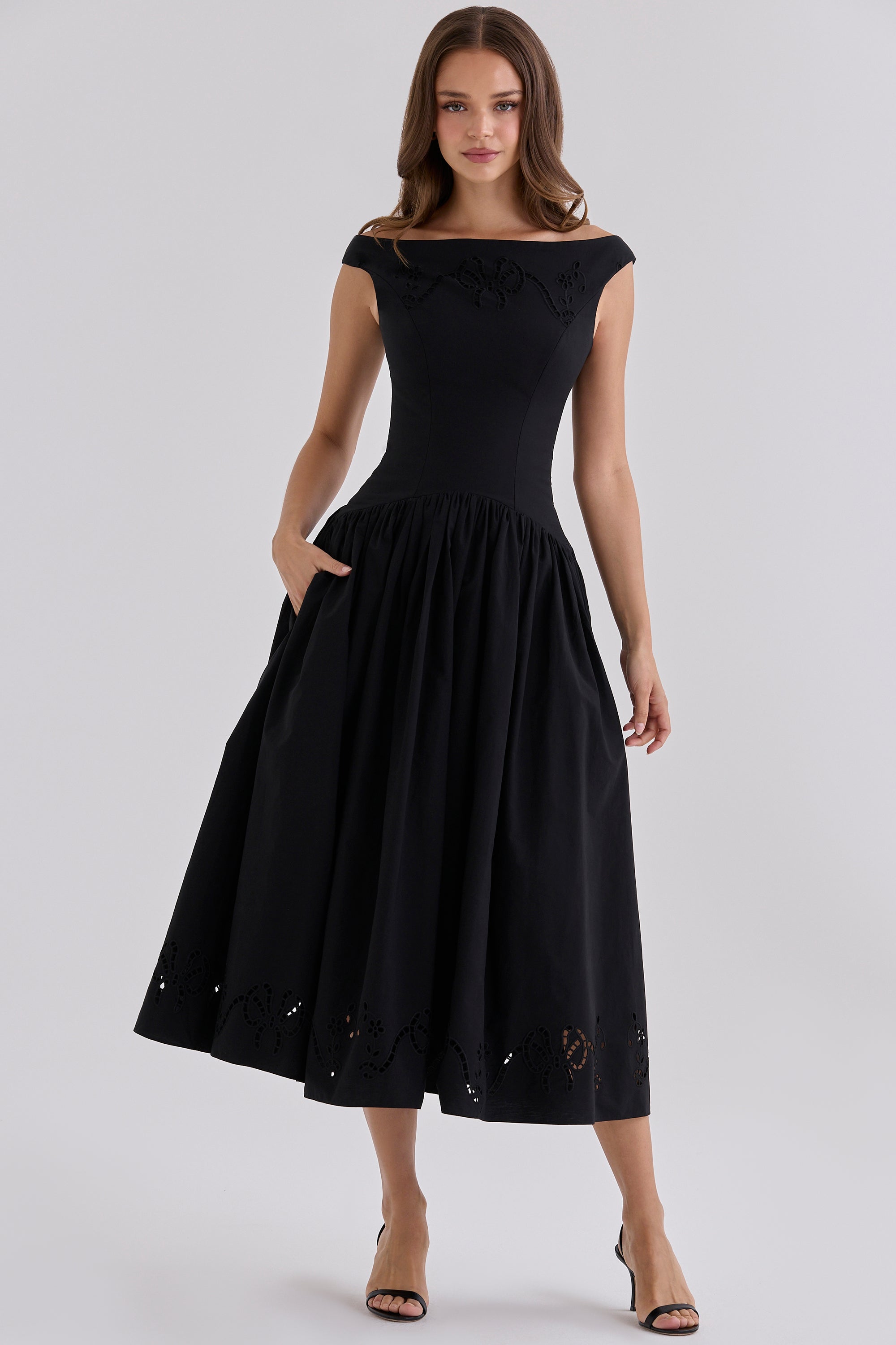 Lauren Black Custom Cotton Broderie Anglaise Boat Neck Maxi Dress