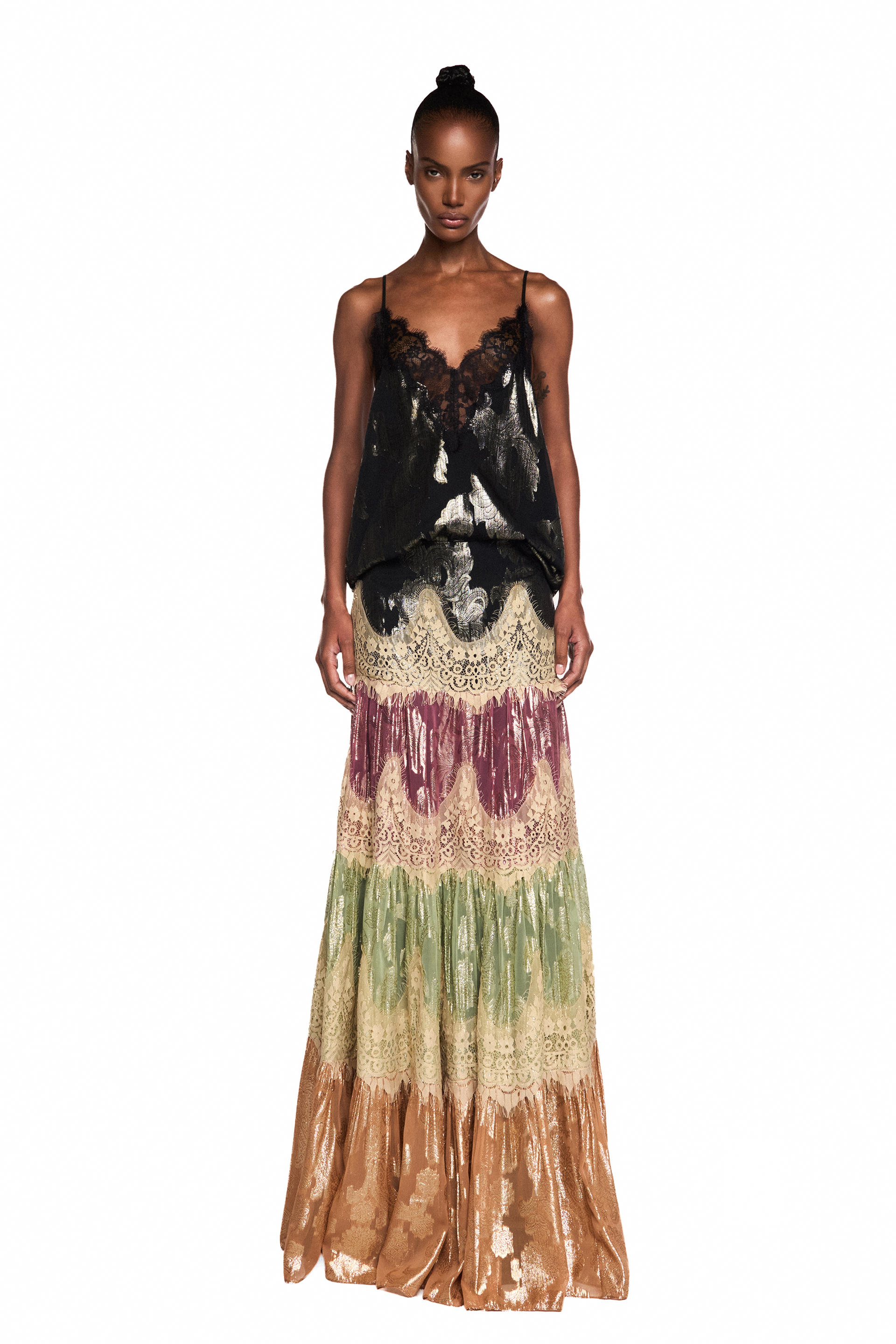 Saia Longa Patchwork Jacquard Lurex Renda