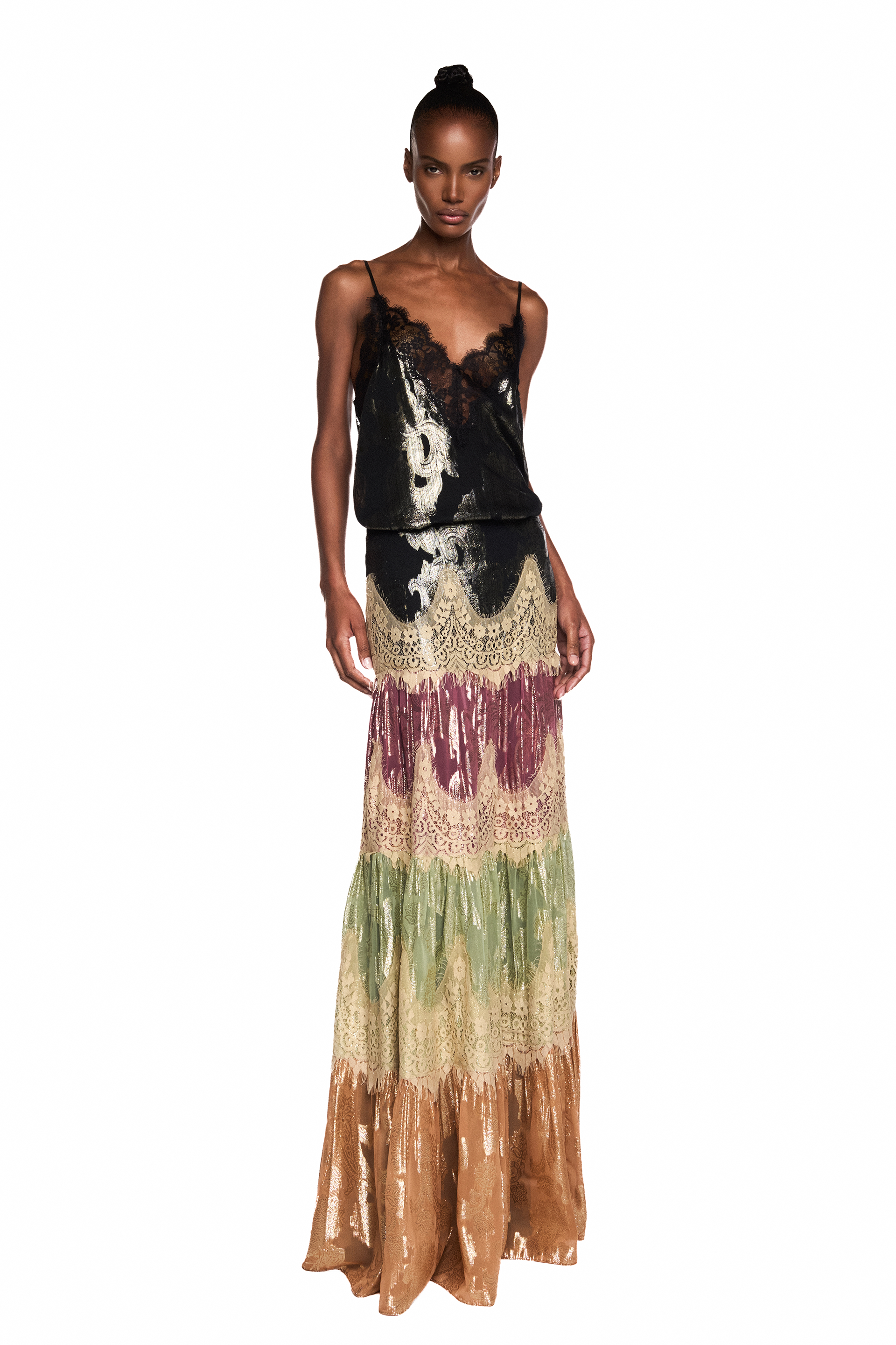 Saia Longa Patchwork Jacquard Lurex Renda