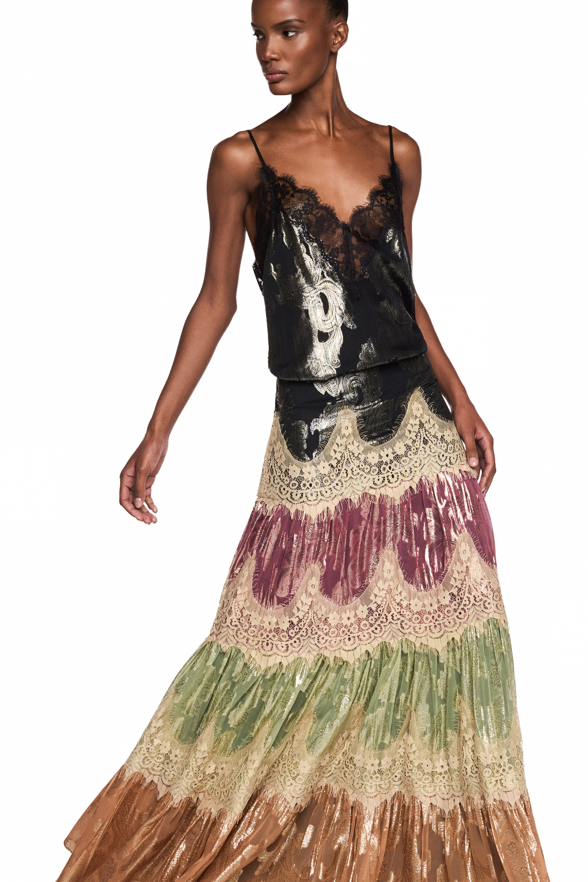 Saia Longa Patchwork Jacquard Lurex Renda