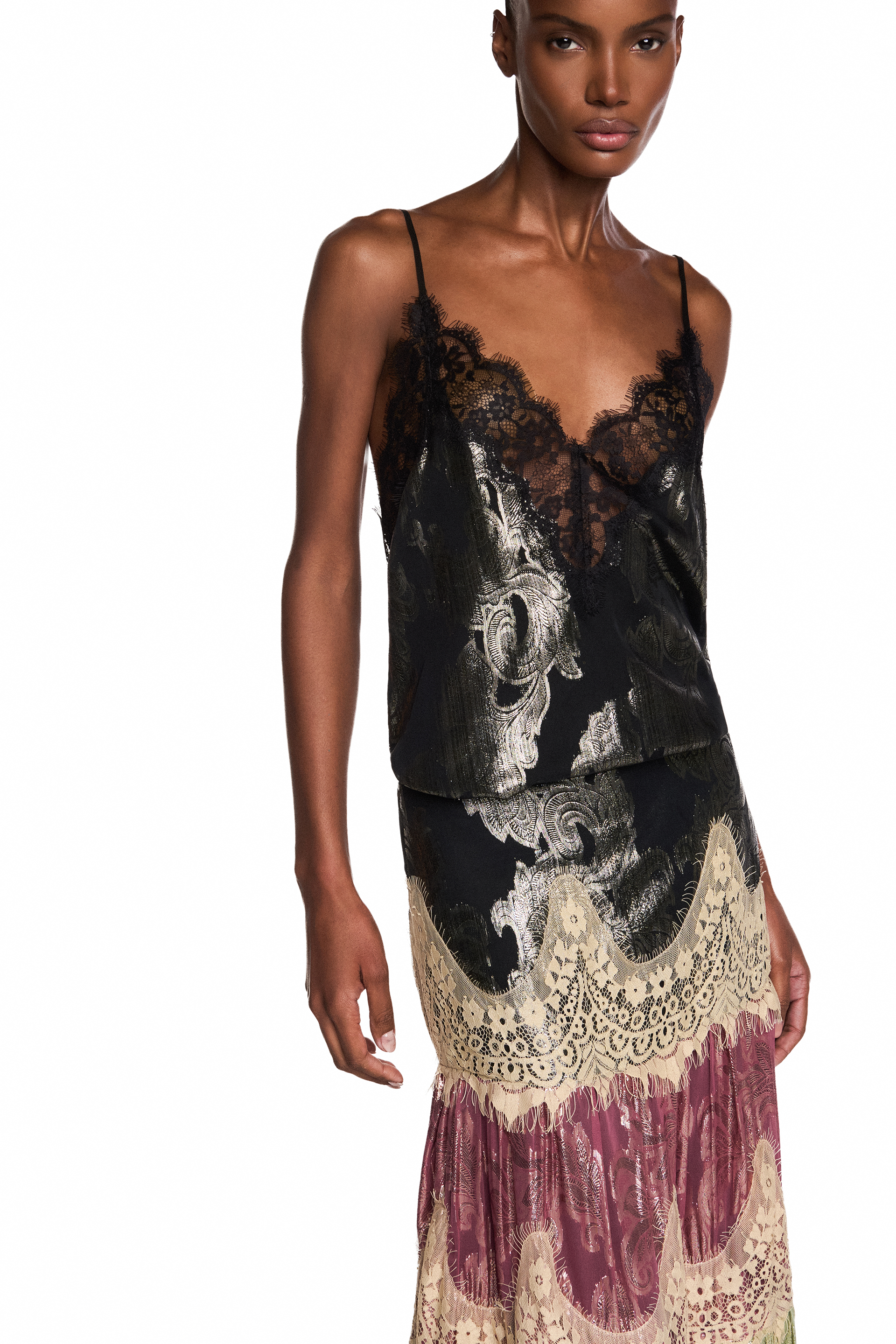 Saia Longa Patchwork Jacquard Lurex Renda