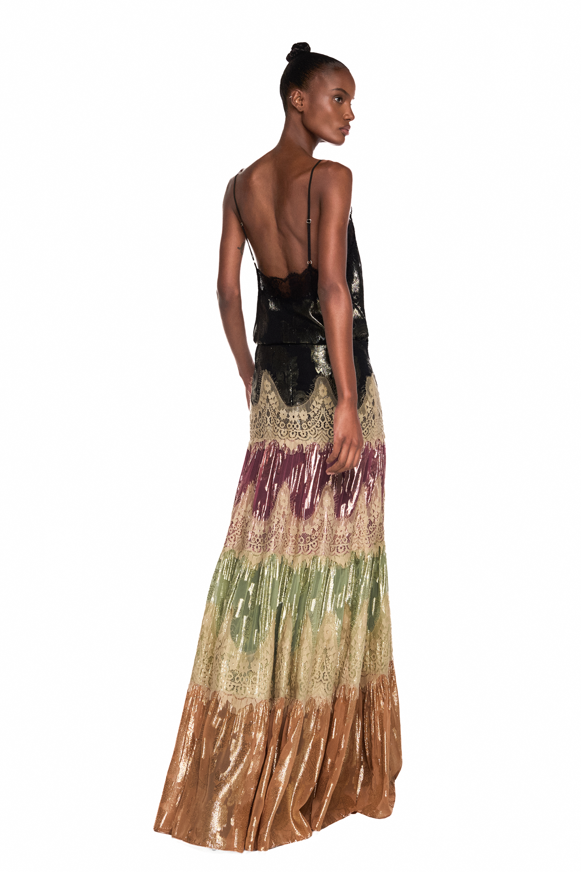 Saia Longa Patchwork Jacquard Lurex Renda