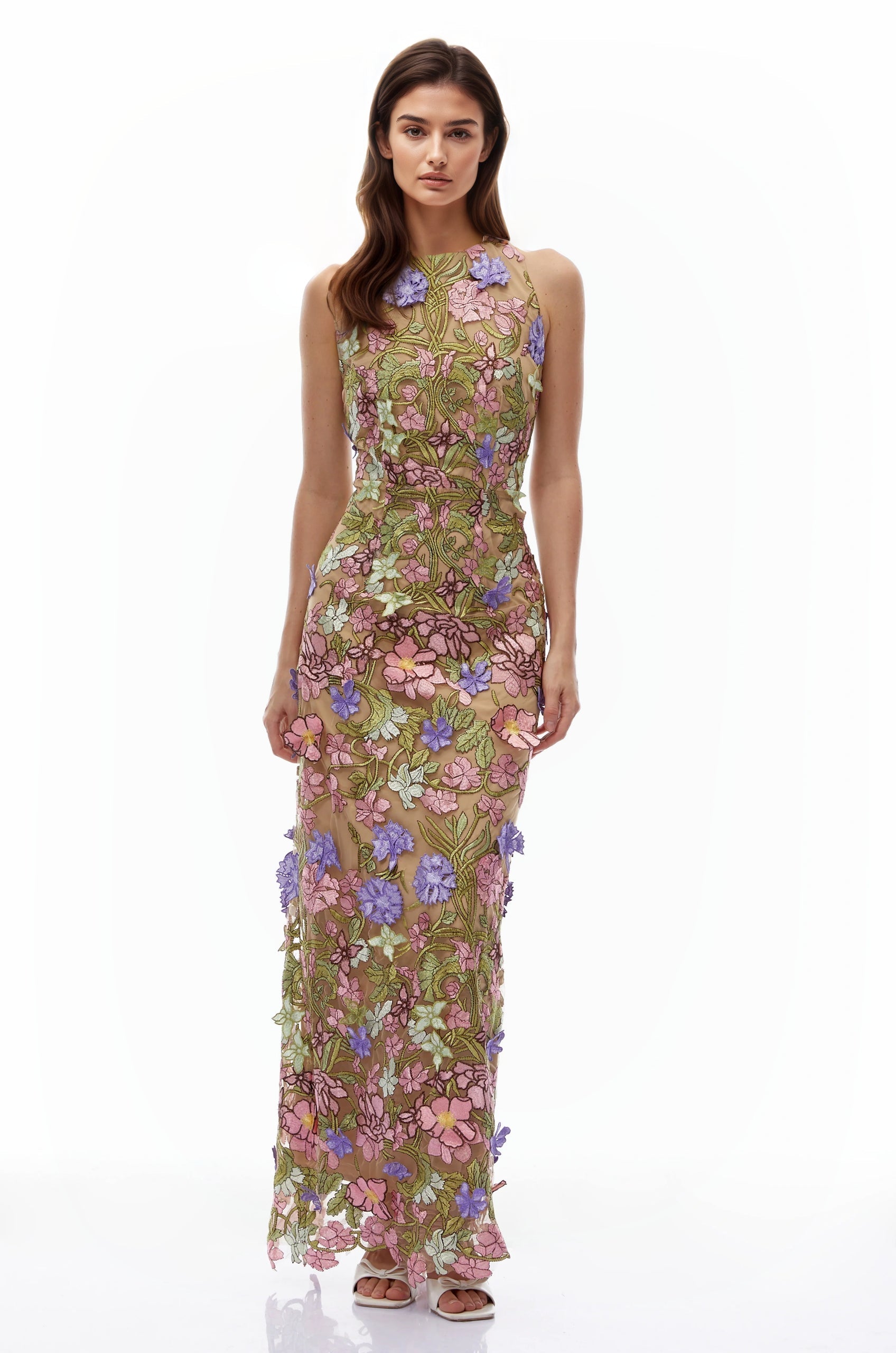Violeta Nude Halterneck Maxi Dress with 3D Florals