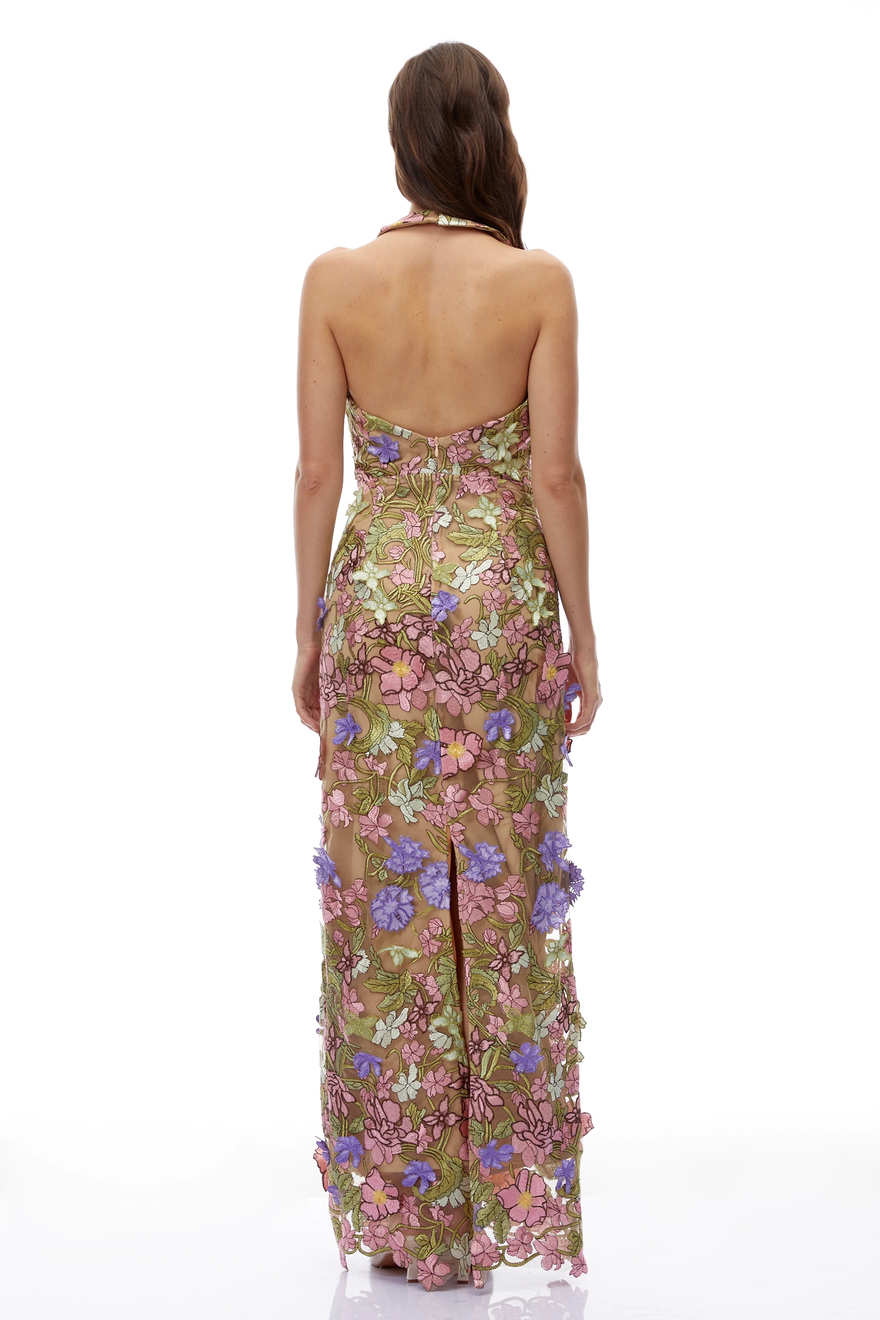 Violeta Nude Halterneck Maxi Dress with 3D Florals