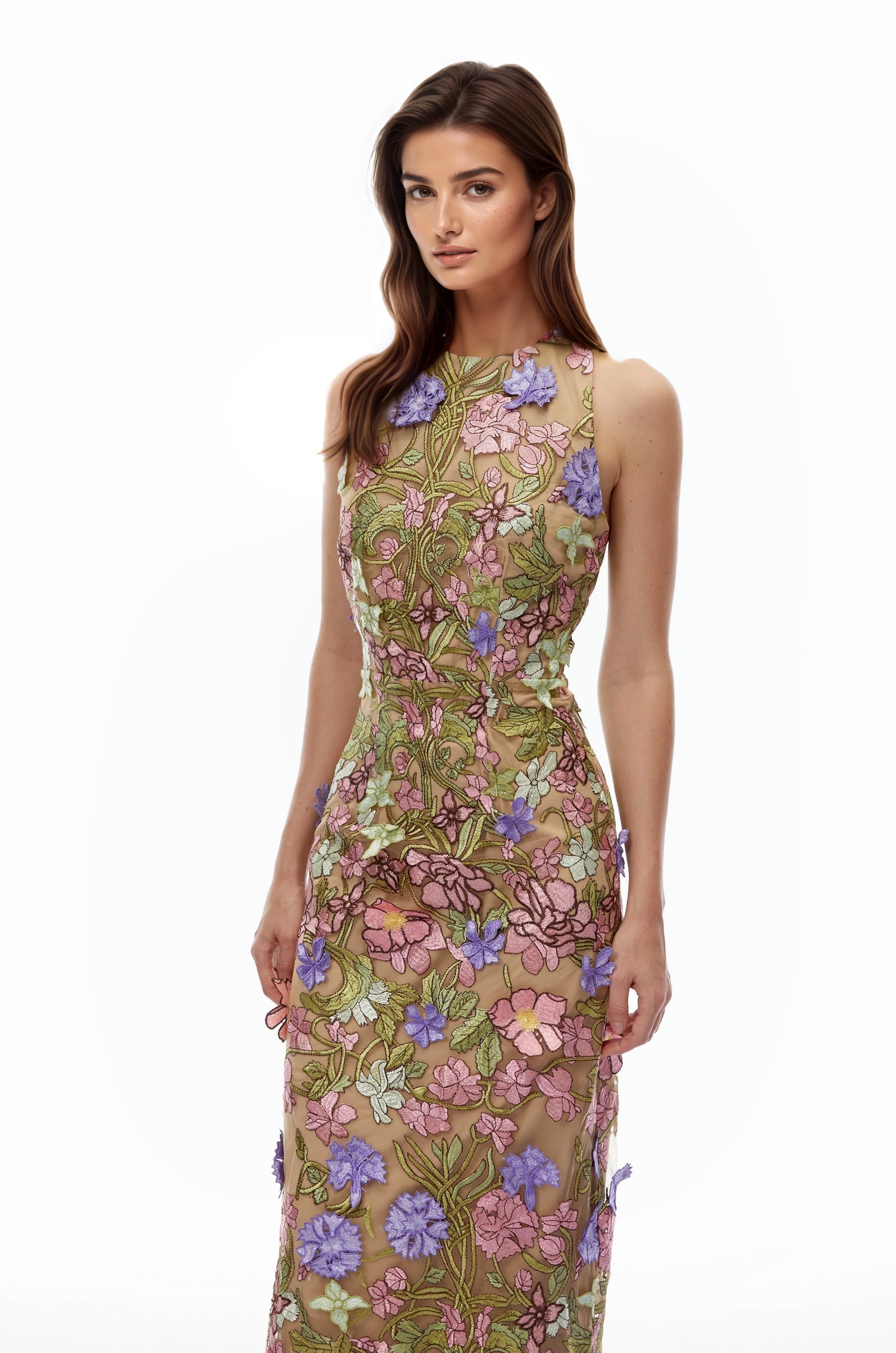 Violeta Nude Halterneck Maxi Dress with 3D Florals