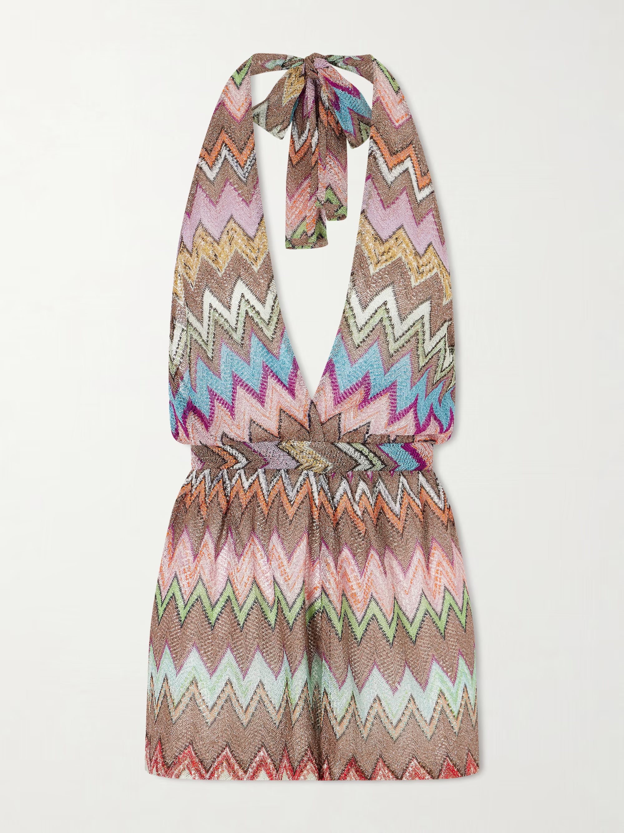 Metallic crochet-knit halterneck playsuit