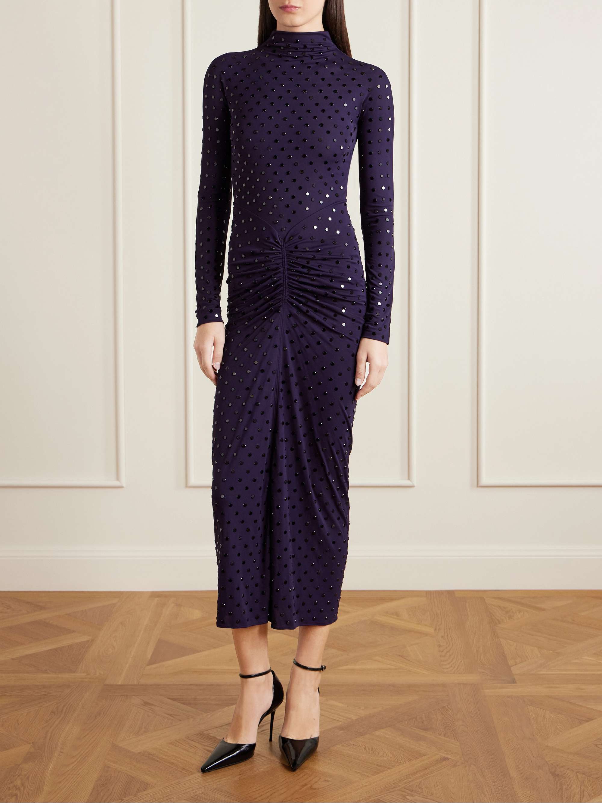Gathered crystal-embellished jersey midi dress