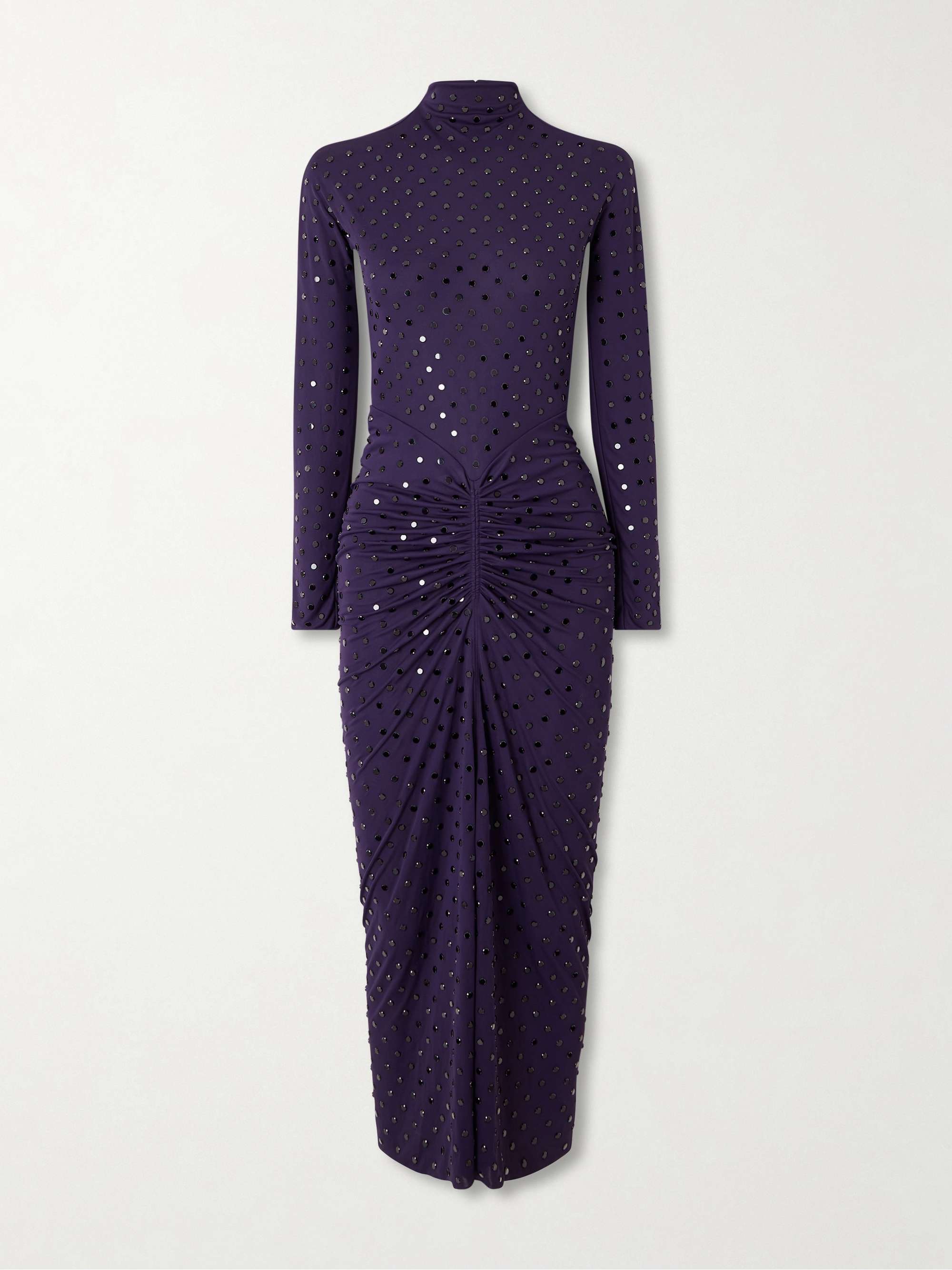 Gathered crystal-embellished jersey midi dress