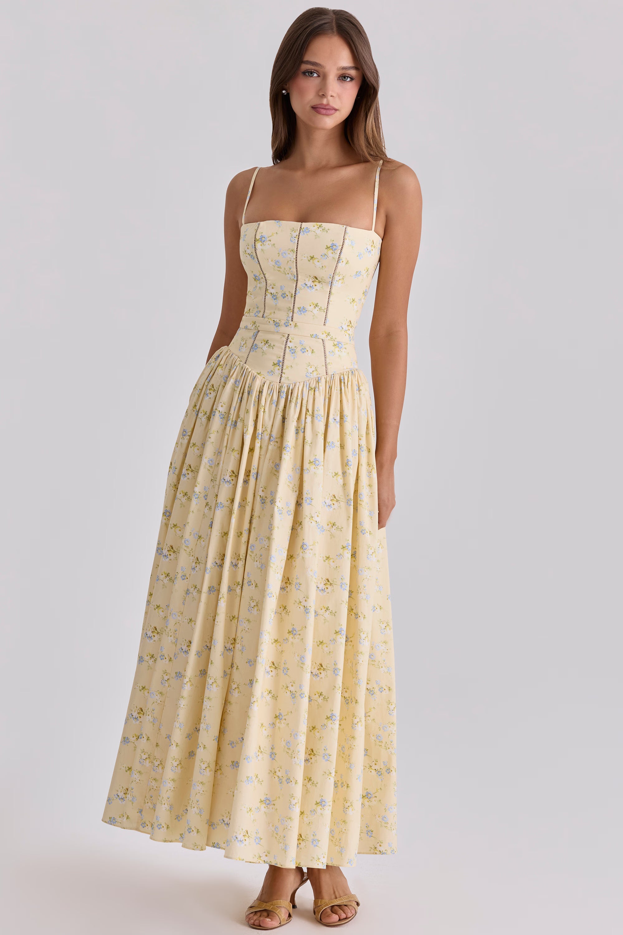 floral lemon print cotton midi sundress